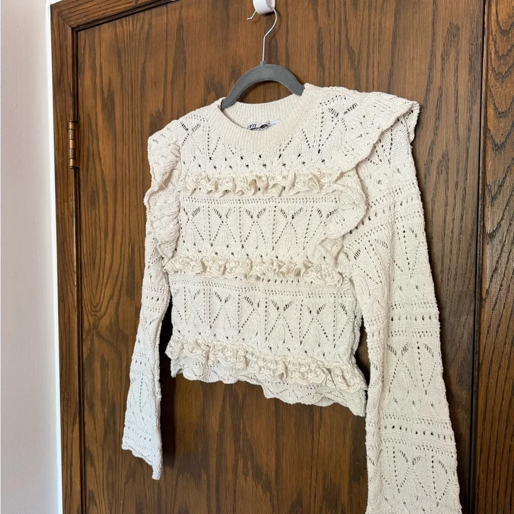 ZARA Knit Lace Ruffle Bell Sleeve Sweater Coquette Cottagecore Scandi Feminine